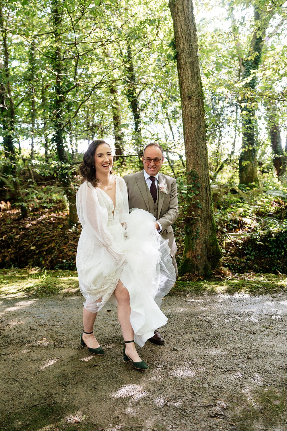 A sequence of playful wedding photos showing a couple sitting on a rustic wooden swing in a wooded setting.