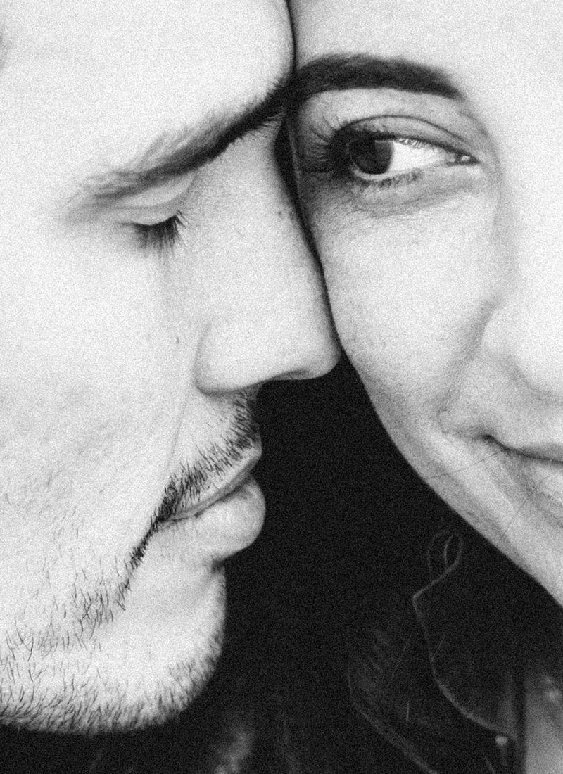 Intimate black and white engagement portrait of couple in Mallorca