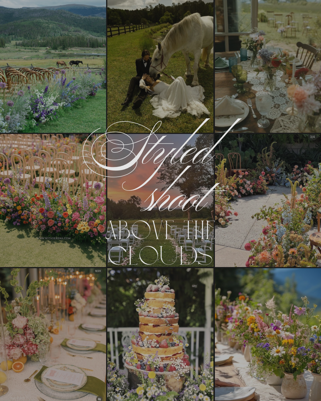 Elegant wedding reception setup with floral arrangements, outdoor seating, and mountain views in a romantic garden setting.
