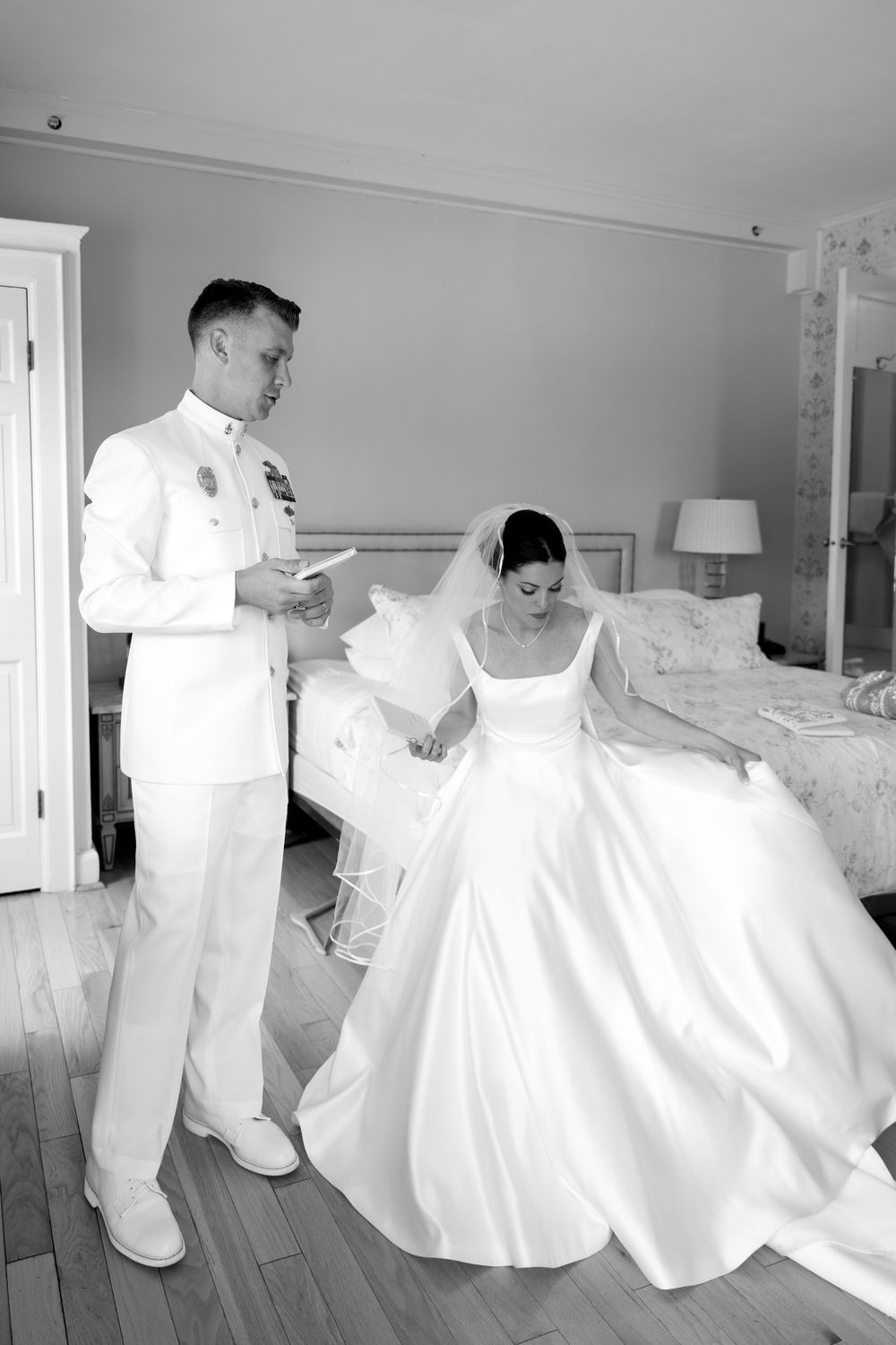 Wedding dress preparation sequence showing the intricate process of getting the bride ready.