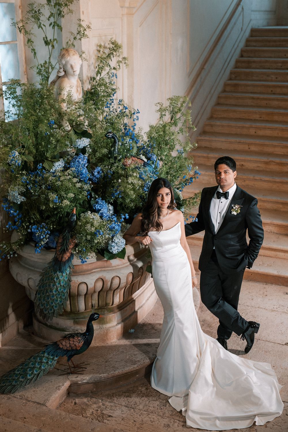 Elegant couple portrait in historic interiors of Correio-Mor palace wedding in Portugal