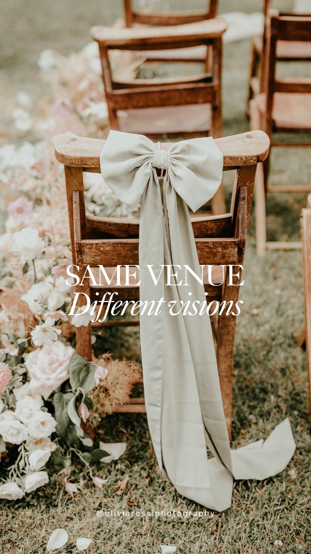 Wedding venue chairs decorated with elegant white bows and floral arrangements in a romantic garden setting.