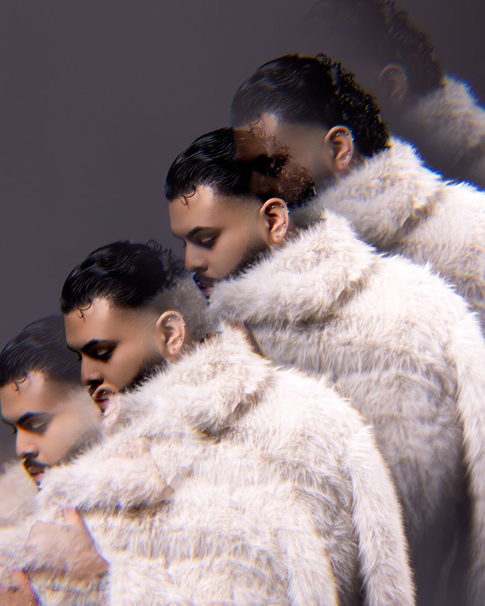 Profile view of figure wearing a white fur collar coat against dark background with artistic motion blur effect.