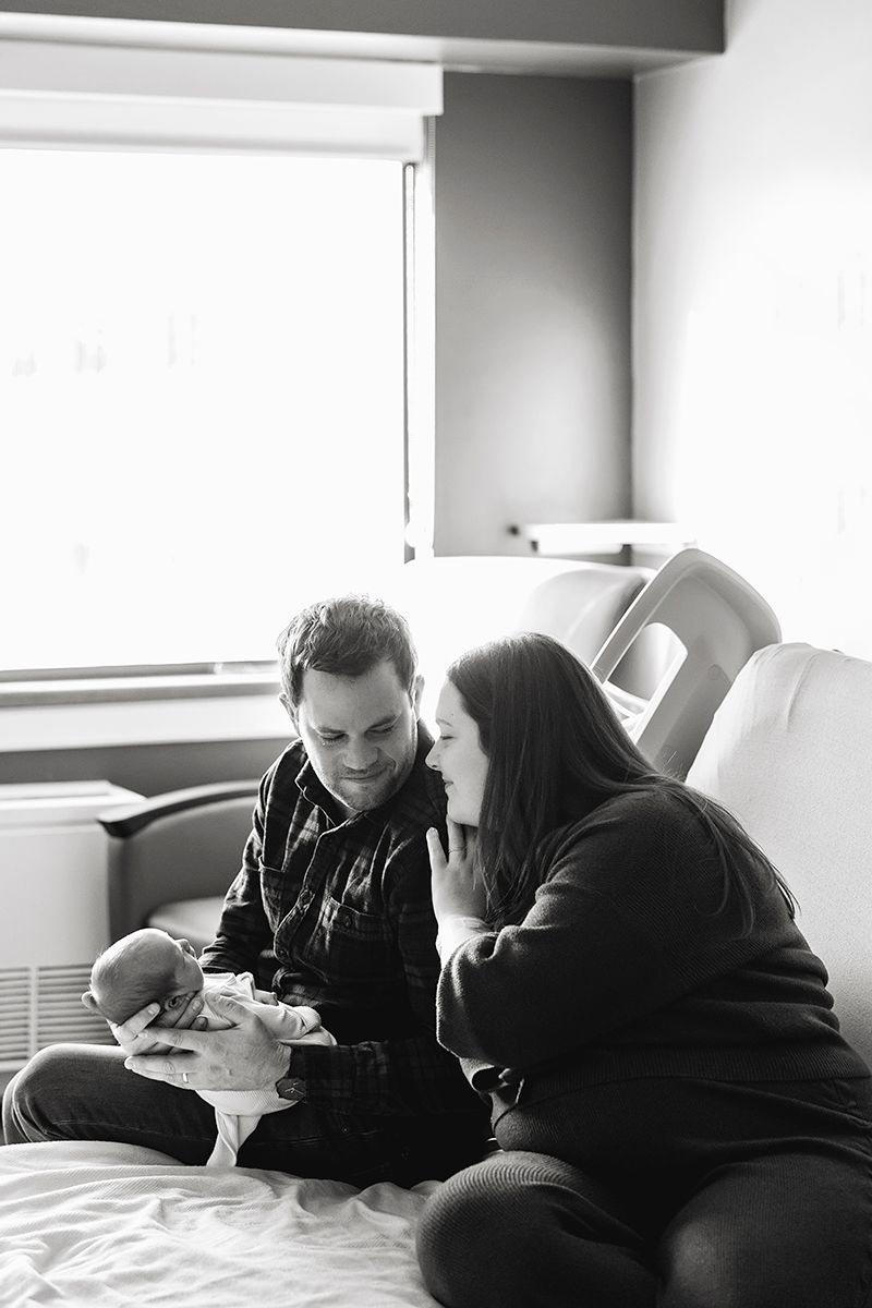 Black and white photo series showing people lying on a bed in casual conversation.