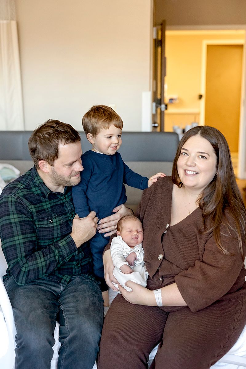 A sweet family photoshoot sequence showing playful moments between parents and their baby in matching brown outfits.