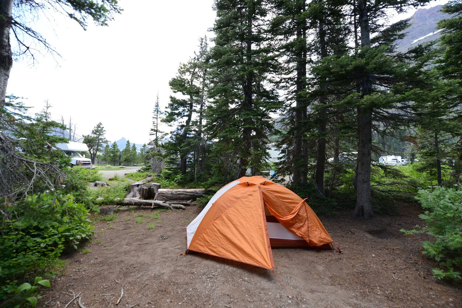 Orange camping tent set up at forested campsite with picnic table and mountain views in background.