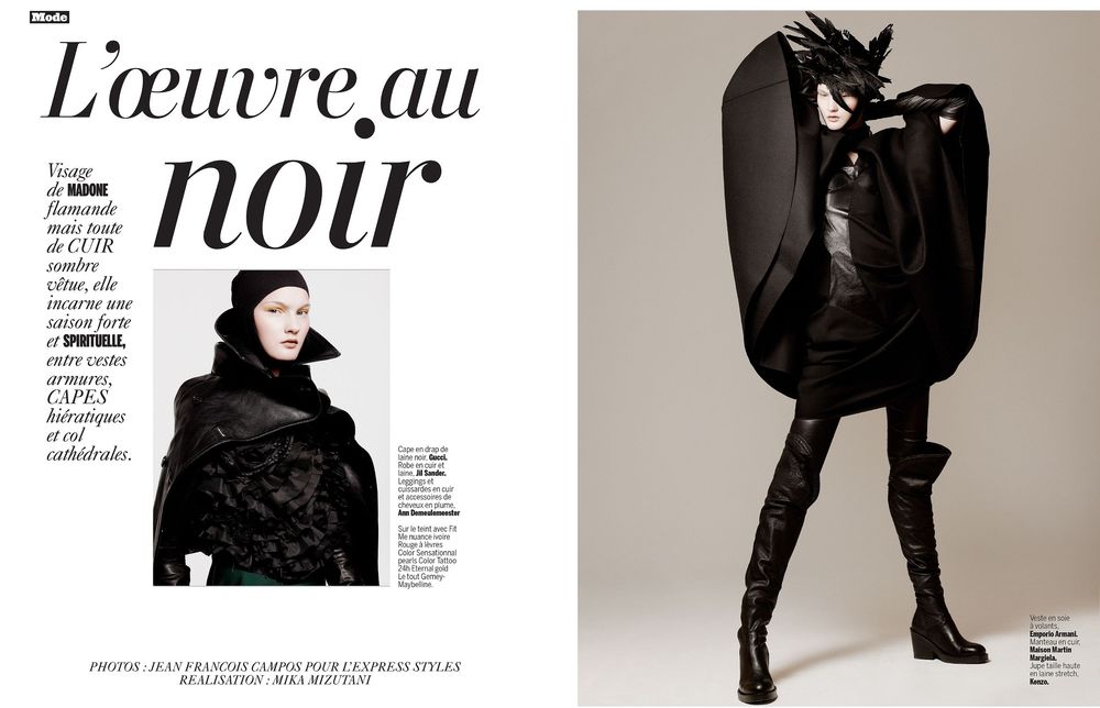 A collection of black and white fashion editorial images arranged in a horizontal row showing various monochromatic poses.