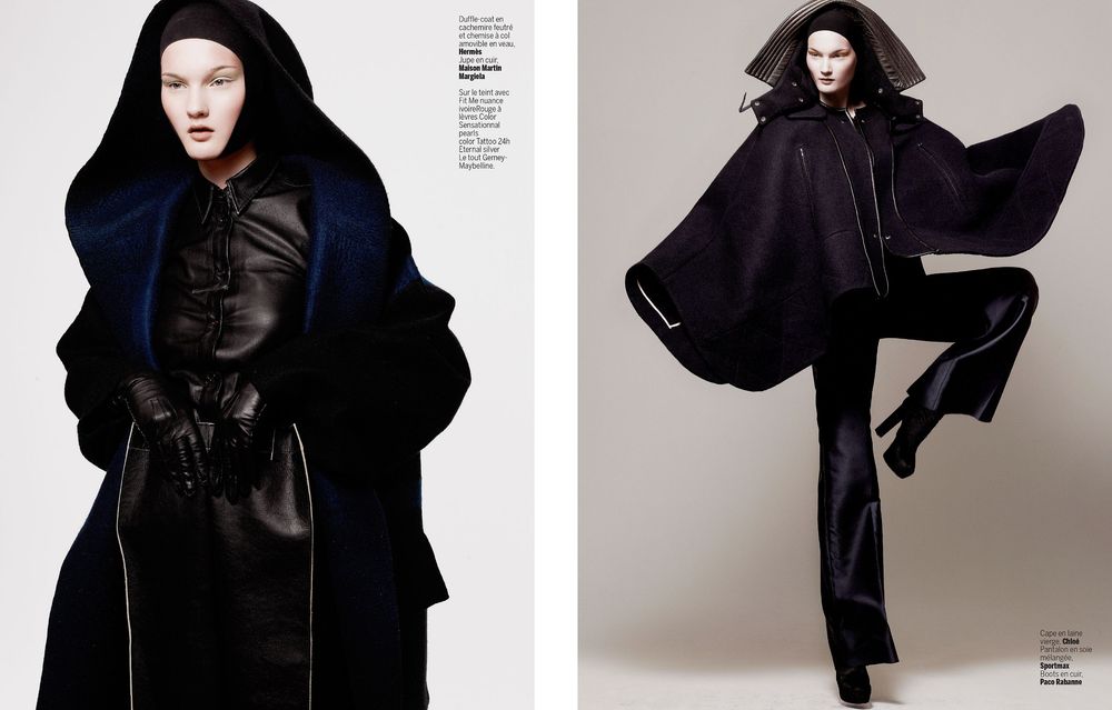 High fashion editorial spread featuring dramatic black coats and capes with flowing silhouettes against neutral backgrounds.