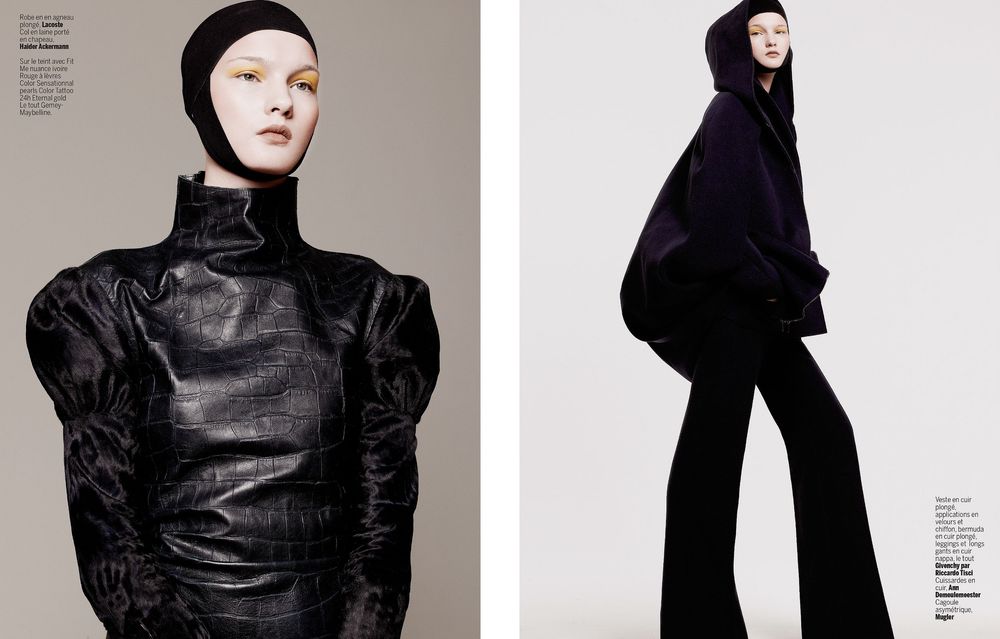 High fashion editorial spread featuring dramatic black leather and hooded designs with minimalist styling against neutral backdrop.