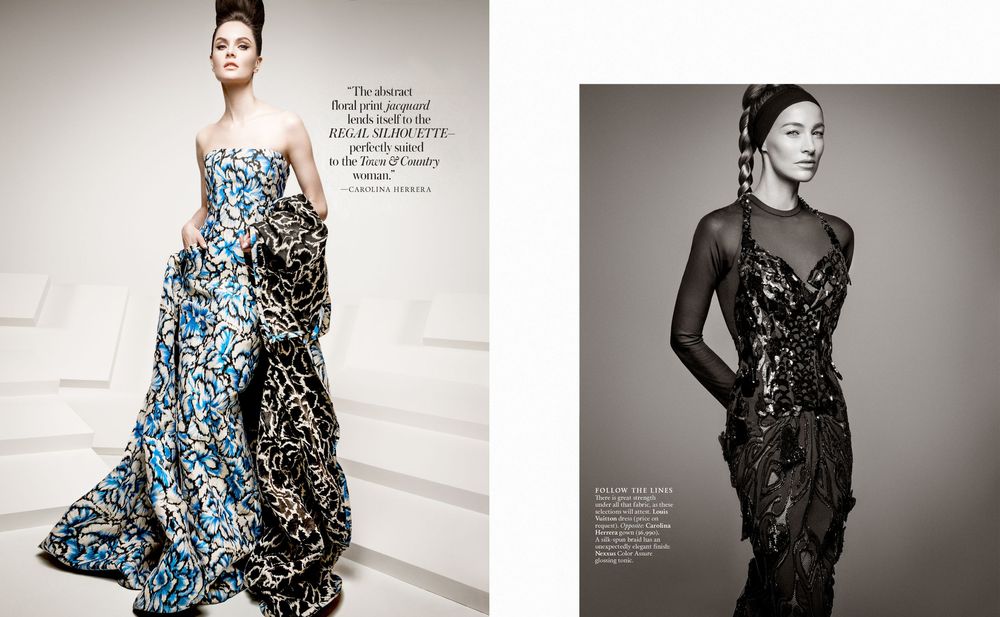 A collection of fashion photographs showing models in elegant black and blue dresses against neutral backgrounds.