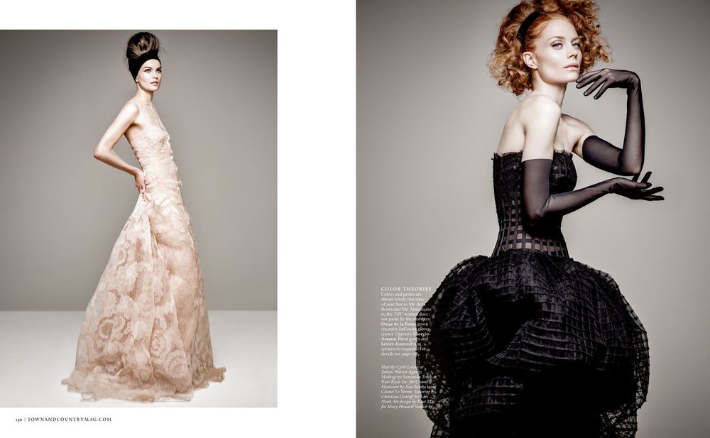 A collection of fashion photographs showcasing elegant dresses in black and blush tones with dramatic silhouettes and styling.