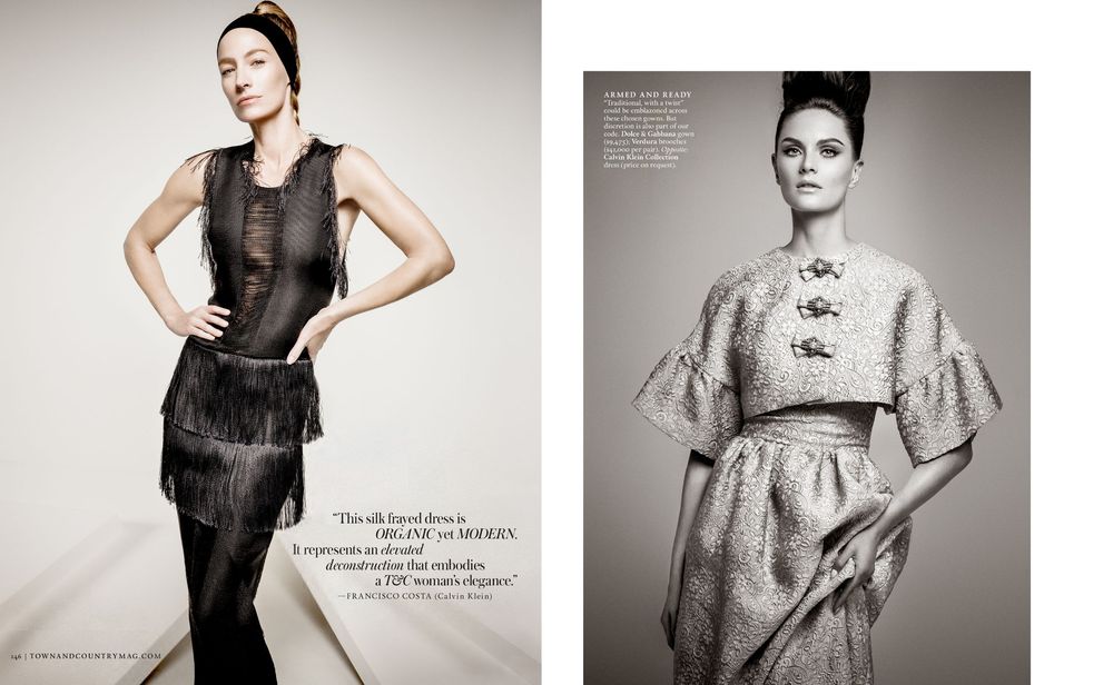 A collection of black and white fashion photographs showing elegant poses and high-end couture styling.