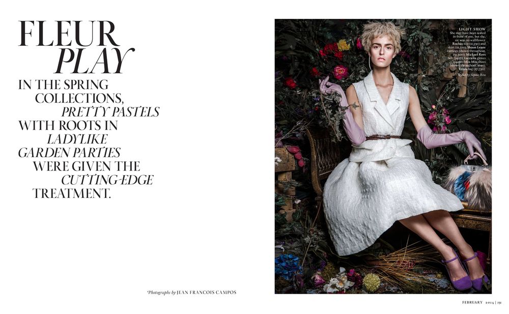 A collection of fashion magazine pages showing white dresses and floral arrangements in an editorial layout.