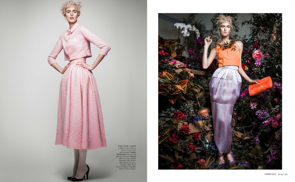 Two fashion photos show vintage-inspired looks featuring a pink dress and lavender skirt with floral backdrop styling.