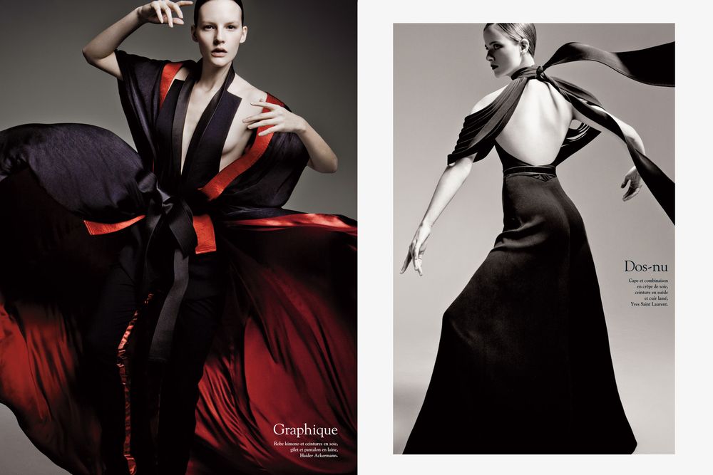 Dramatic fashion photography series featuring black dresses with red accents in high contrast monochromatic styling.
