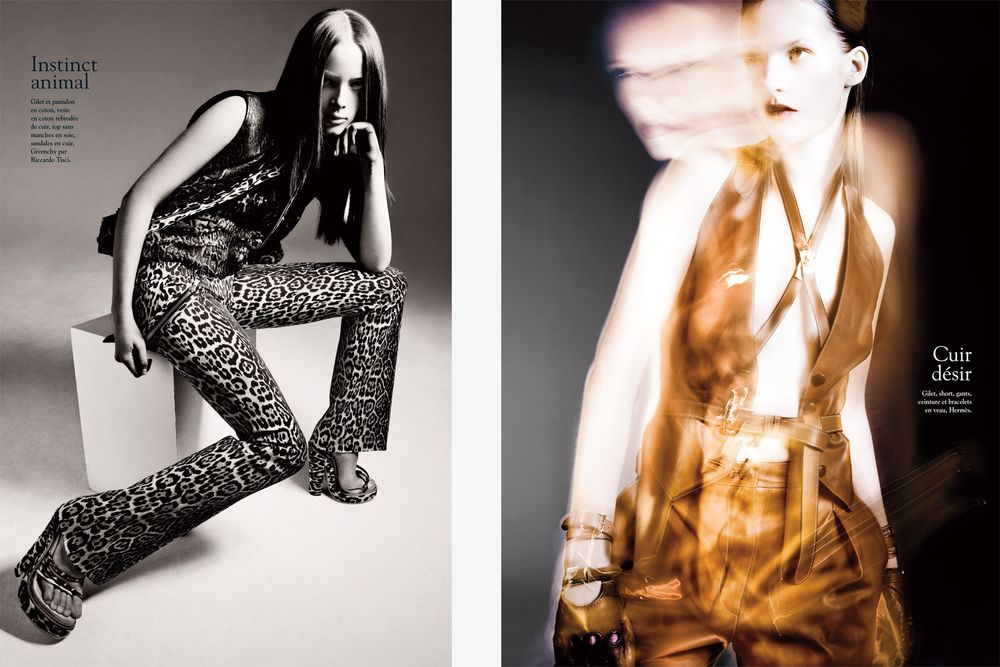 A series of black and white fashion photographs arranged in a horizontal row showing models in dramatic poses and lighting.