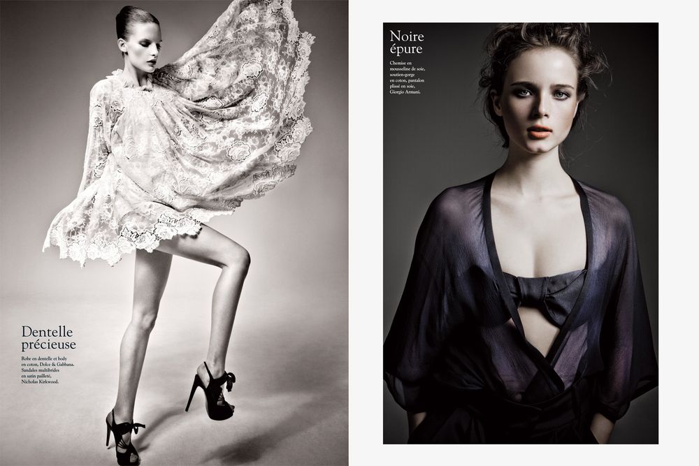 A collection of black and white fashion photographs featuring elegant poses, dramatic lighting, and high contrast styling.