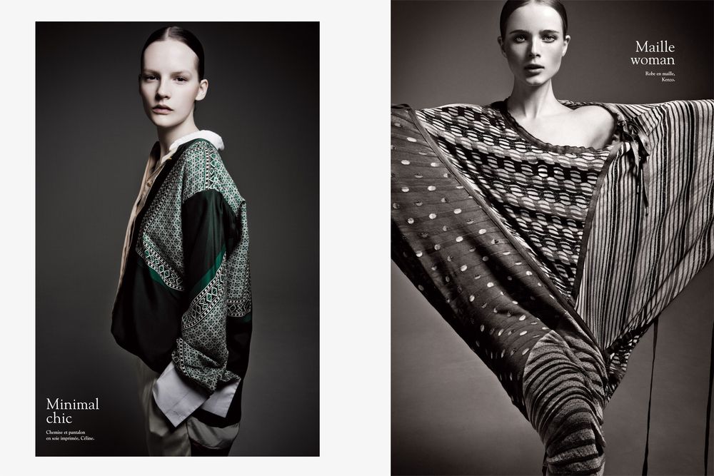 A series of black and white fashion photographs showing models wearing knitted shawls and wraps in various dramatic poses.