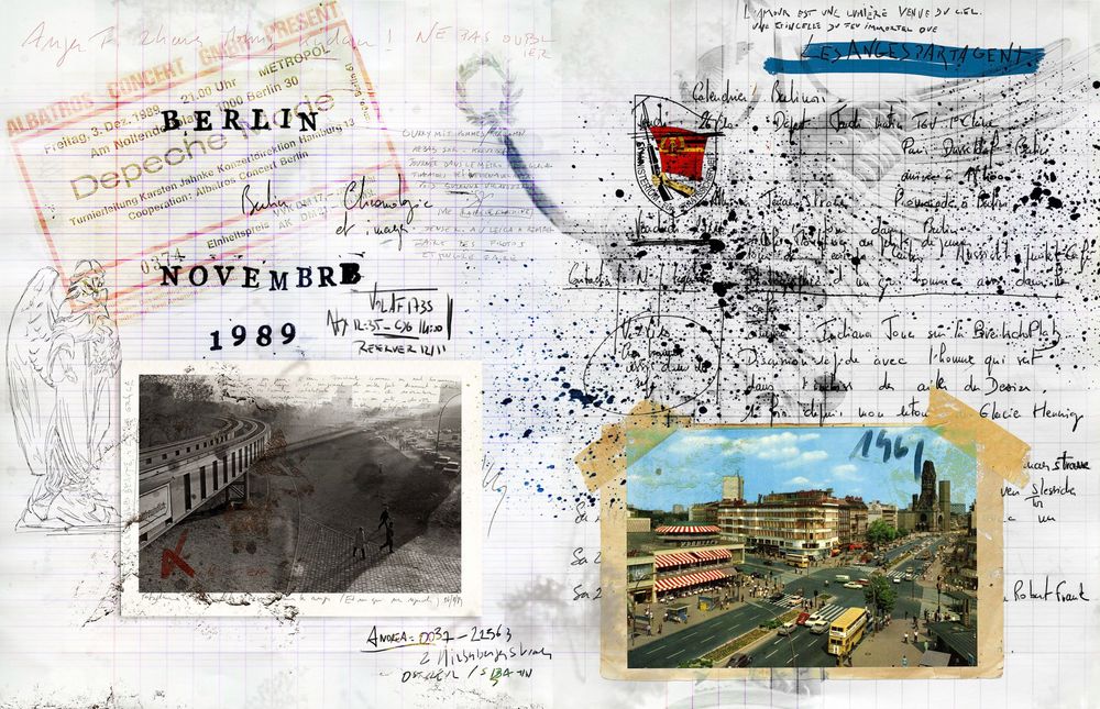 A collage of historical images showing the Berlin Wall's fall in 1989 with sketches, photos and newspaper clippings.