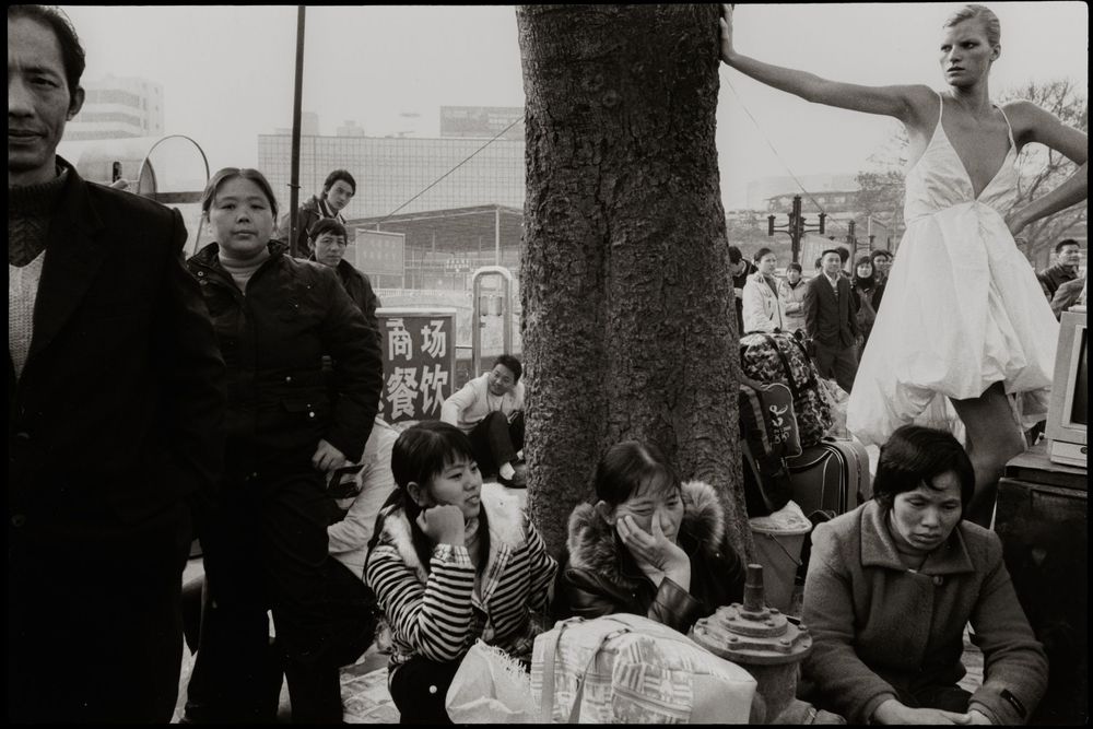 A black and white collage of people sitting at tables and socializing in what appears to be a restaurant or cafe setting.