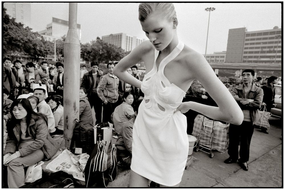 A series of black and white photographs showing people dancing and socializing at an outdoor event.