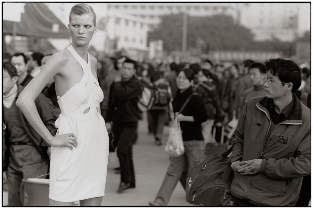A black and white photo montage showing a person in a white tank top in different poses and settings.