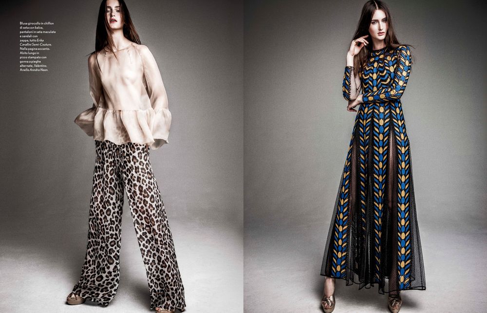 A fashion model poses in various outfits featuring leopard print pants and floral dresses against a gray studio backdrop.