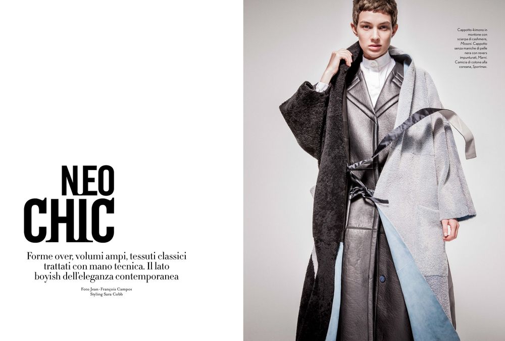 Fashion editorial spread titled Neo Chic featuring model in layered monochromatic outerwear and modern styling against grey backdrop.