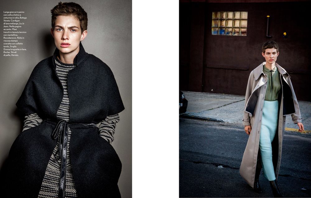 A series of black and white fashion portraits showing different poses and outfits against neutral backgrounds.