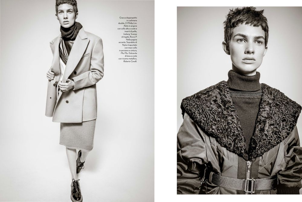 Black and white fashion photo series showing a model in various poses wearing turtlenecks and stylish outerwear.