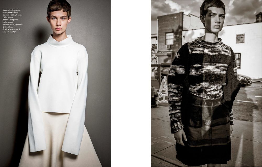 A fashion photo series showing different poses and outfits in monochromatic and black and white tones.