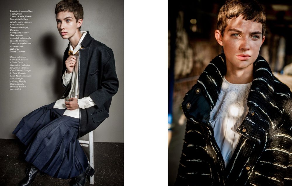 A fashion editorial spread showing various poses in dark clothing against neutral backgrounds.