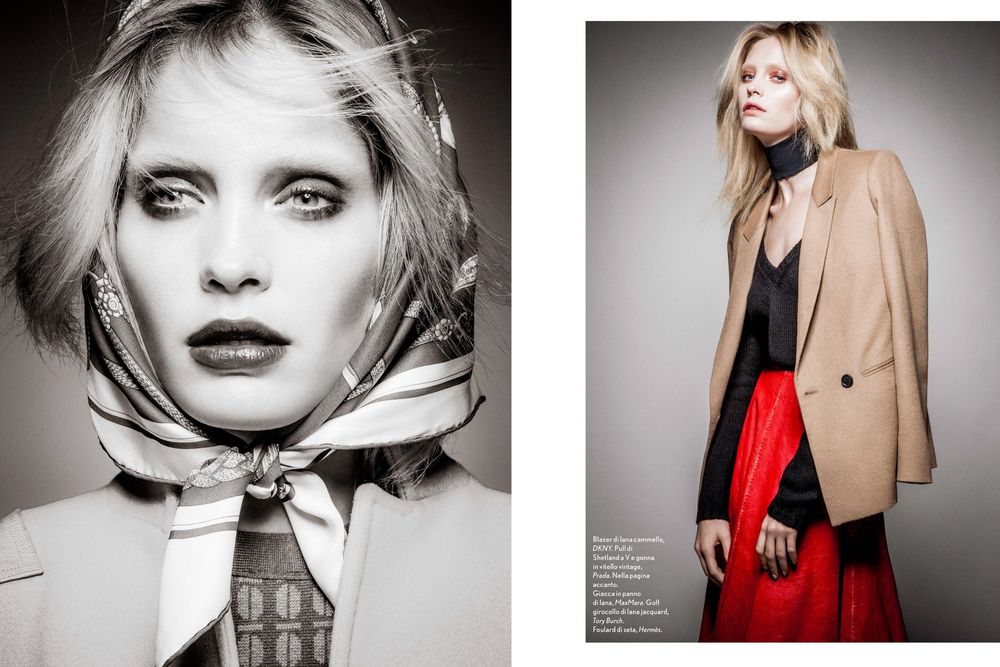 A dramatic fashion photo series in black and white and color showcasing elegant poses and high-end clothing styles.