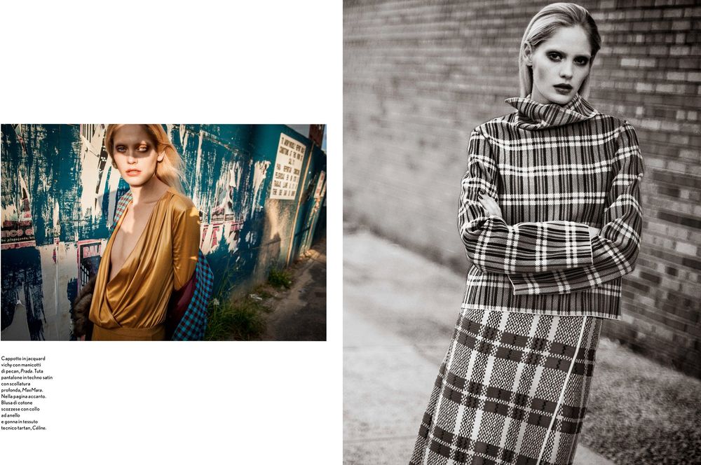 Fashion editorial featuring two contrasting scenes - an autumn outdoor setting and a black and white plaid dress portrait.