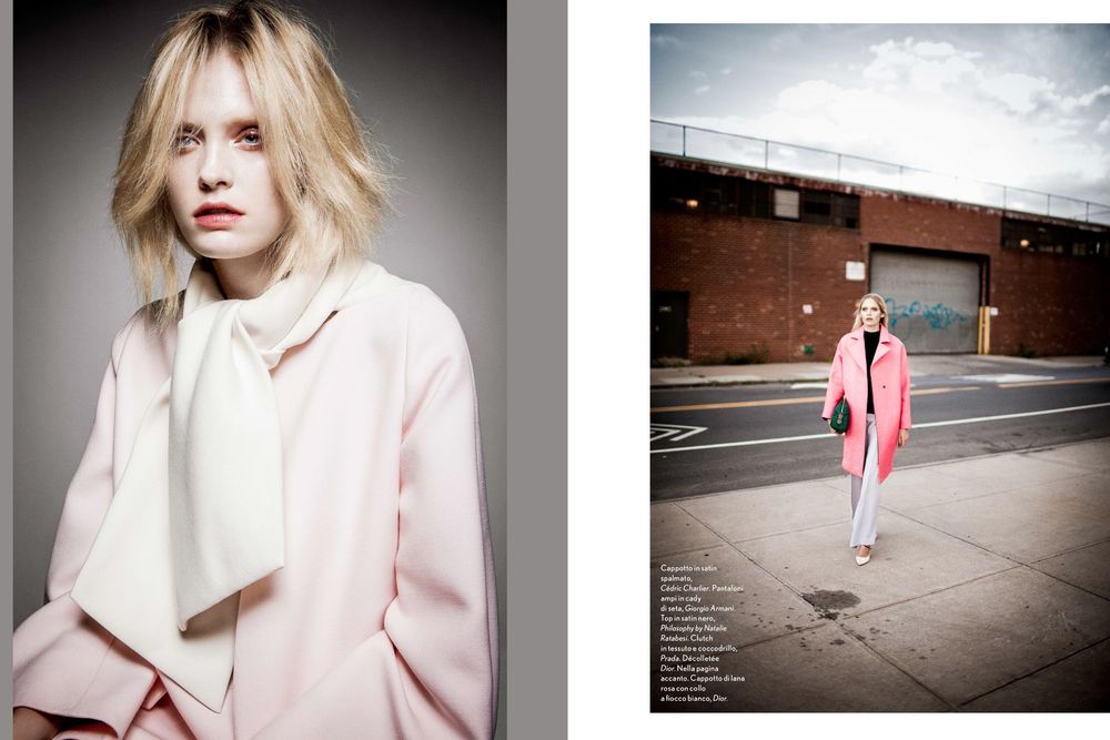 Editorial fashion spread featuring pale pink outerwear and street style photography in urban setting.