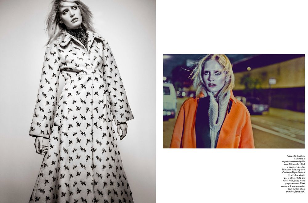 Two fashion photos showing models in printed coat and orange outerwear against urban backdrop.