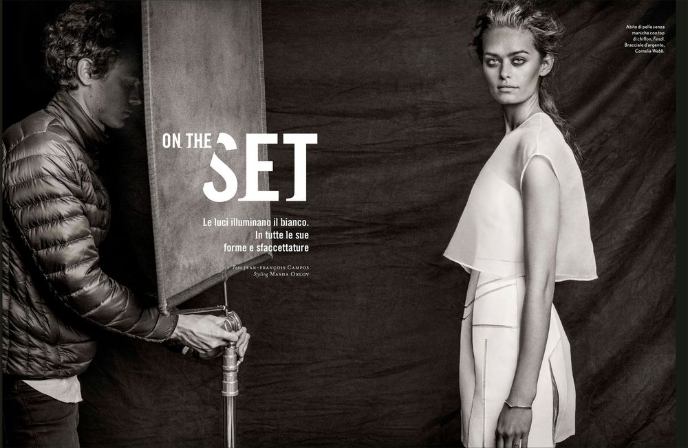 A series of black and white fashion photographs showing behind-the-scenes moments during a professional photoshoot.