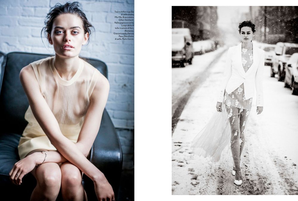 Two editorial fashion photographs showing contrasting indoor and outdoor portrait compositions in black and white and color.