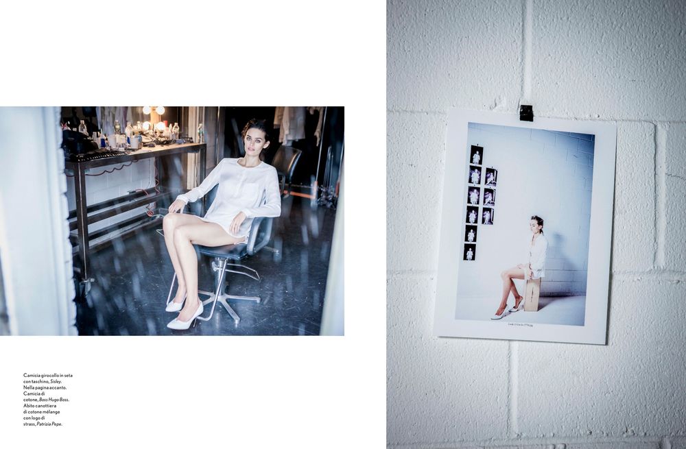 Black and white photo series showing a person in casual clothing against various minimalist interior backgrounds.