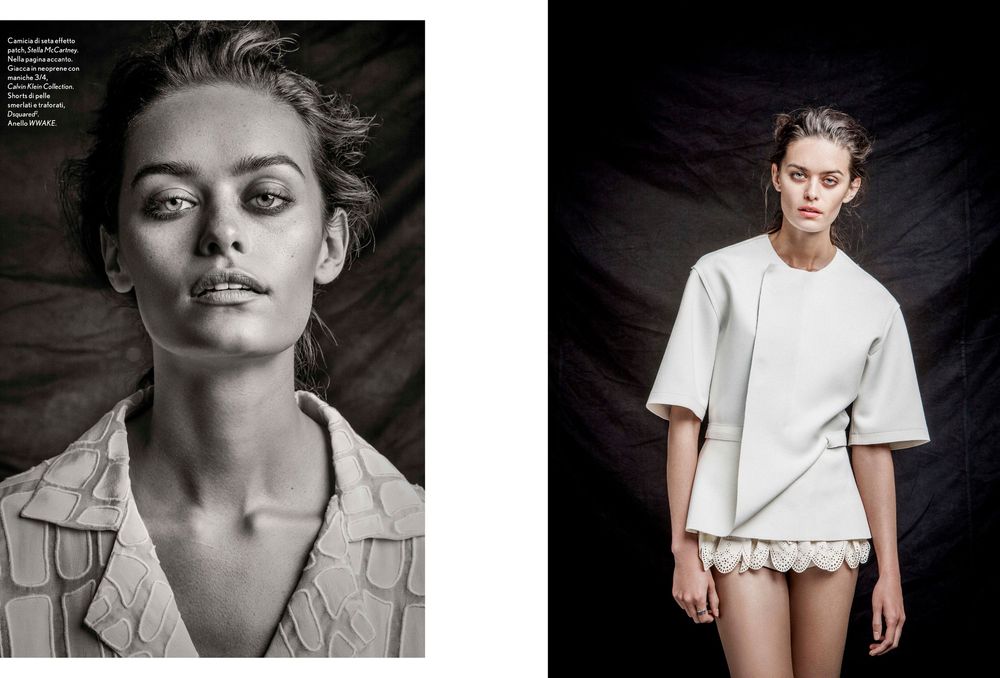 Black and white fashion editorial featuring contrasting portraits with dramatic lighting and minimalist styling.