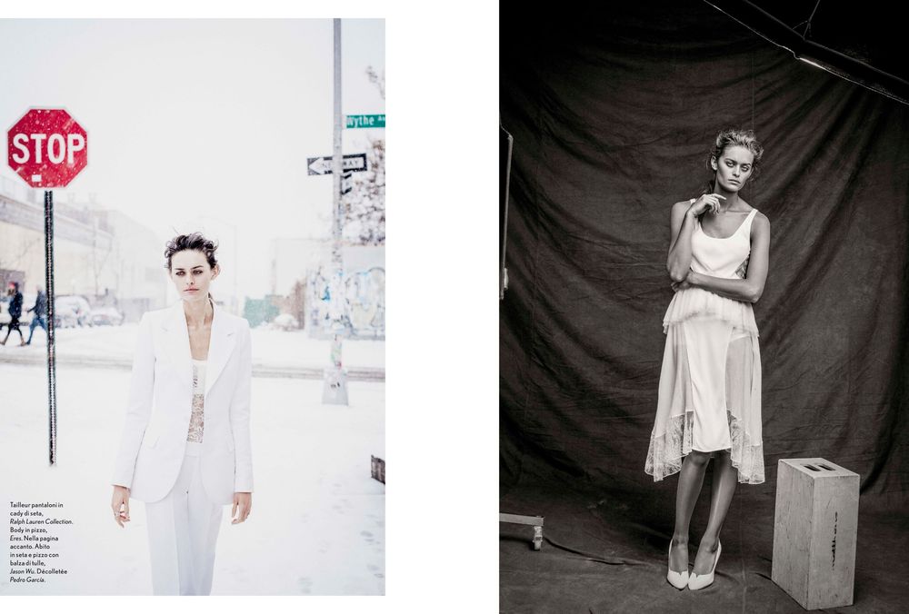 A diptych showing a winter street scene with a stop sign and an artistic black and white studio portrait.