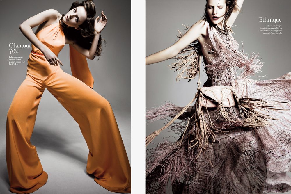 Fashion editorial collage showing flowing gowns and orange pants against neutral backgrounds.