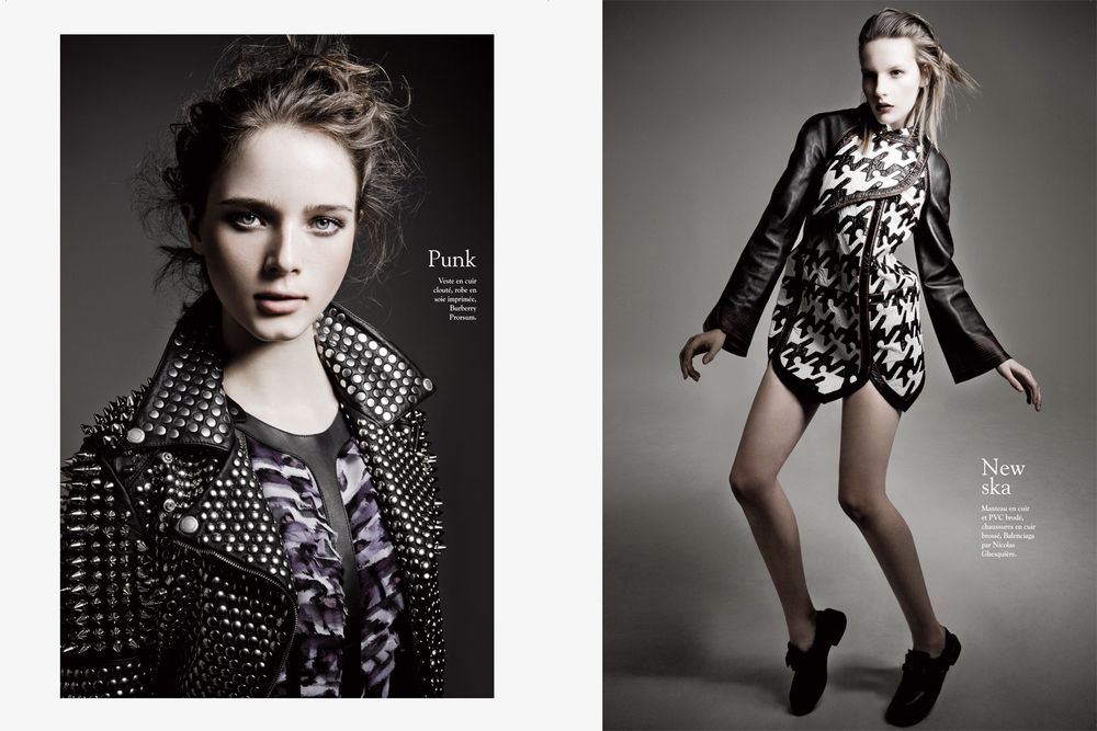 Fashion model poses in black and white dramatic lighting wearing edgy punk rock inspired outfits and accessories.