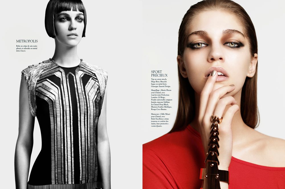 A collection of black and white and color fashion editorial photographs showing models in various poses and styling.