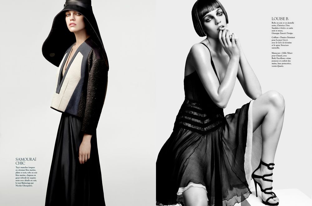A fashion editorial series featuring black and white photos of a model in elegant dark clothing against a white backdrop.