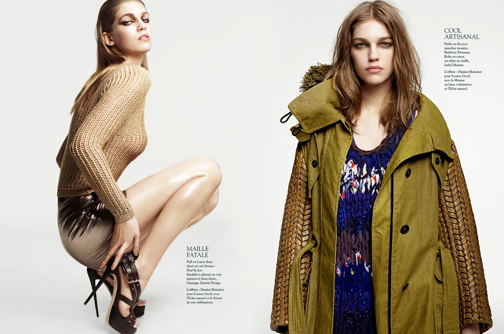Fashion editorial spread showing contrasting styles with a beige sweater look and an olive military-inspired parka outfit.