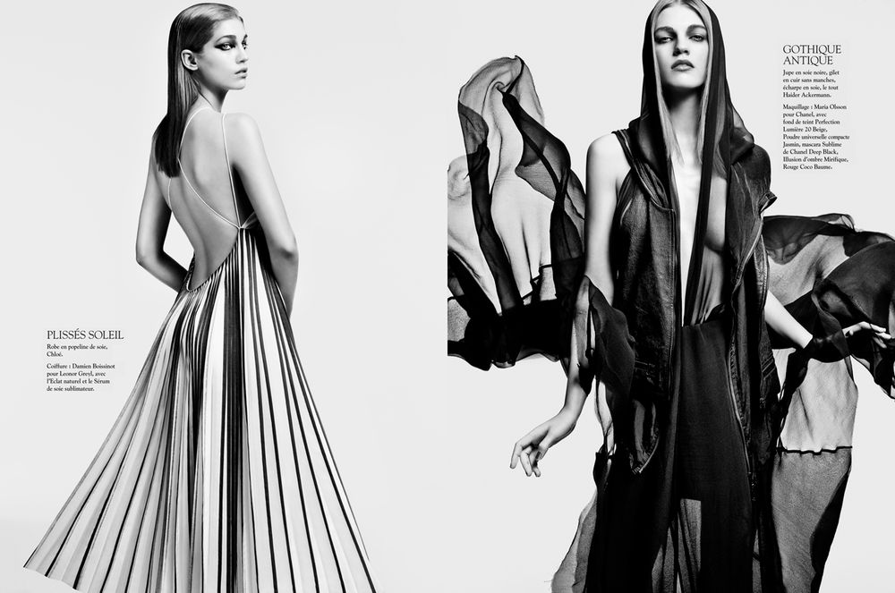Black and white fashion editorial featuring dramatic flowing gowns and long dark hair.