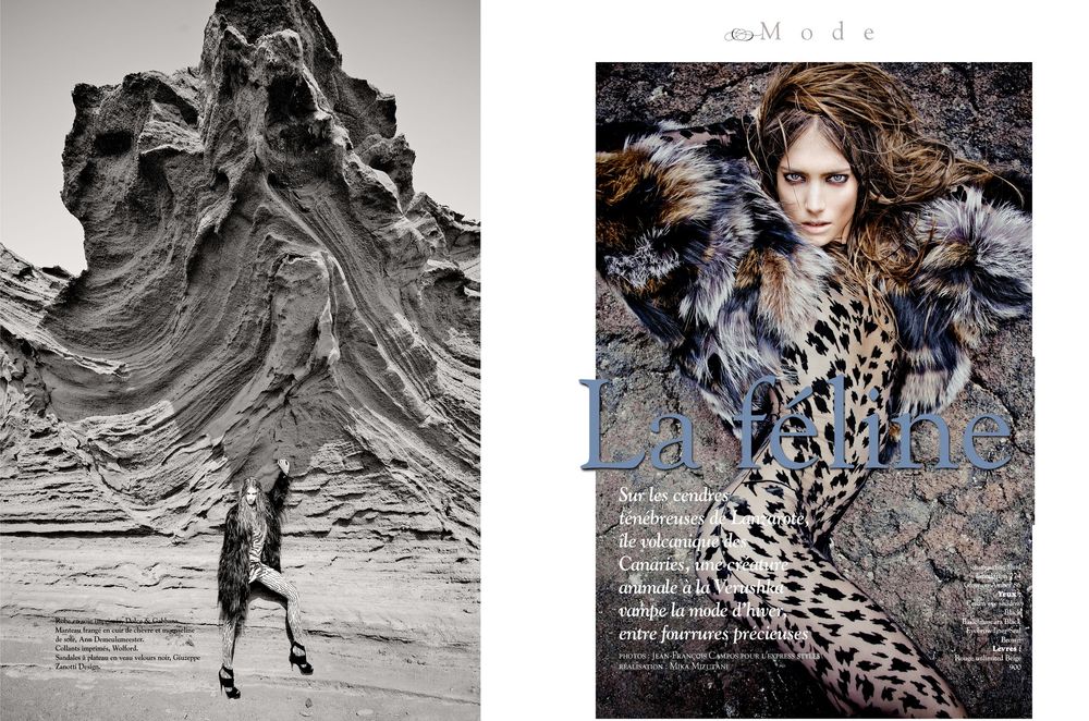 A black and white fashion editorial spread featuring dramatic poses against textured rock formations and natural backdrops.