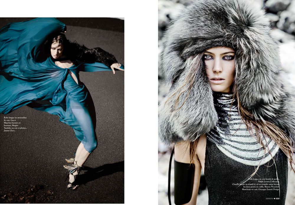 Fashion editorial series featuring winter wear with fur trim and denim styling in moody dark lighting.