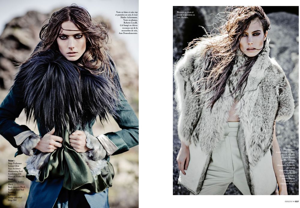 Fashion editorial spread featuring winter coats and fur accessories in muted earth tones against natural backgrounds.